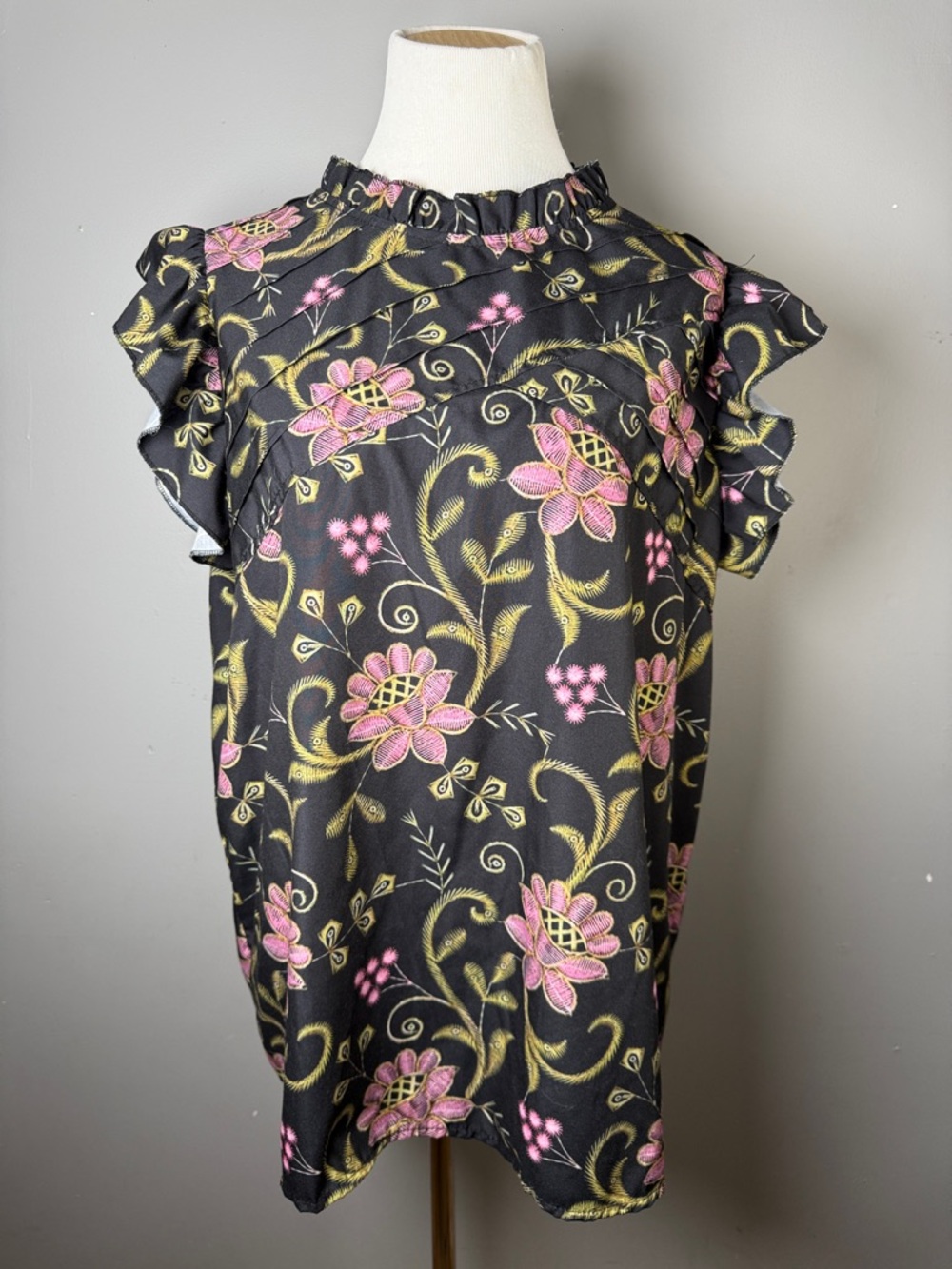 Floral Ruffle Sleeve Blouse — Black with Pink & Gold Floral Print